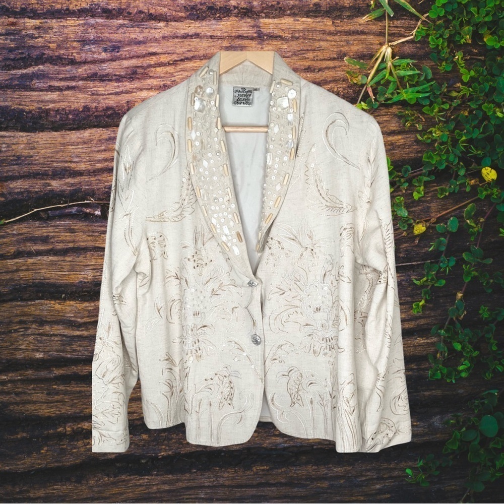 Vintage 90s fully Embroidered,floral pattern&beaded,linen cream XL EUC - Picture 6 of 7